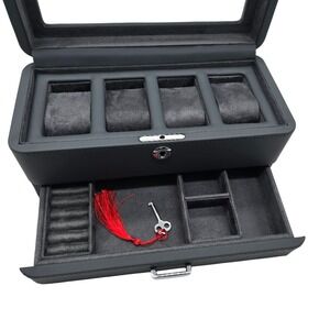 Watch Box Organizer ROTHWELL 4 Slot Carbon Leather Valet Drawer Glass Lid